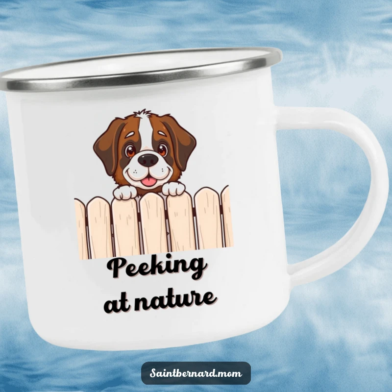 Funny Saint Bernard camping mug showing a dog peeking over a fence with a friendly, curious expression, perfect for outdoors.