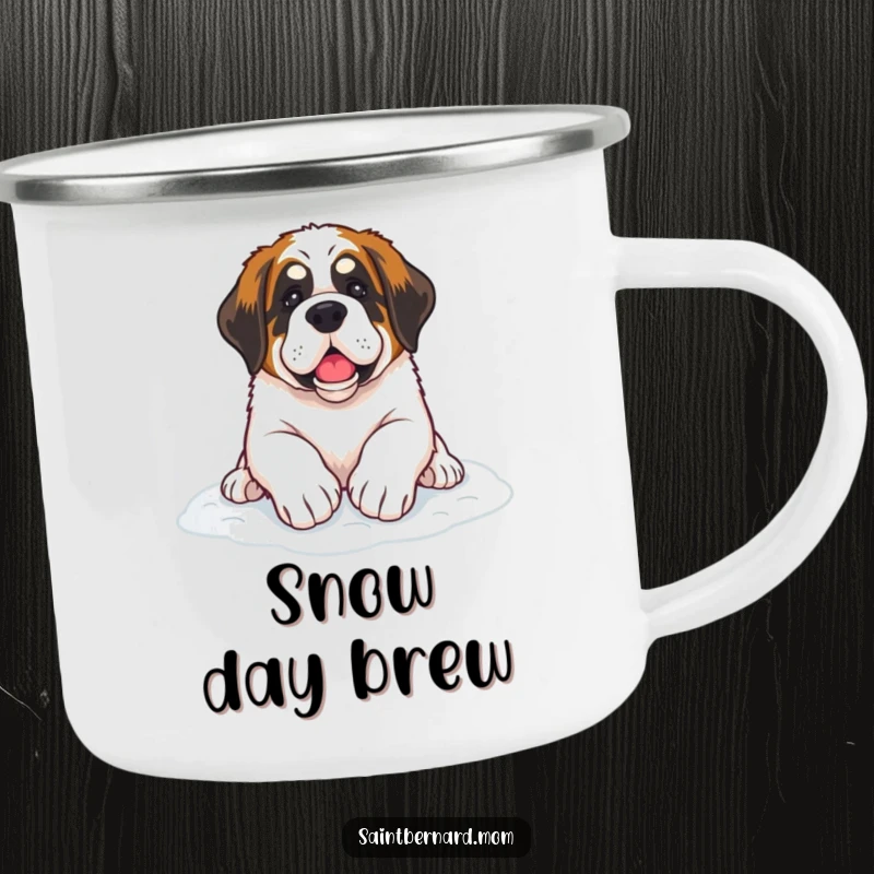 Funny Saint Bernard dog camping mug with paws resting on soft snow, a humorous and warm outdoor accessory.