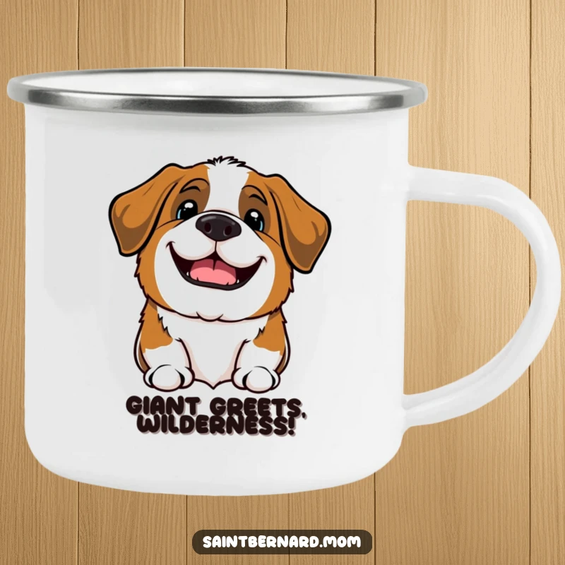 Funny Kawaii Saint Bernard dog camping mug, durable cup featuring a happy barking pup, ready for outdoor fun.