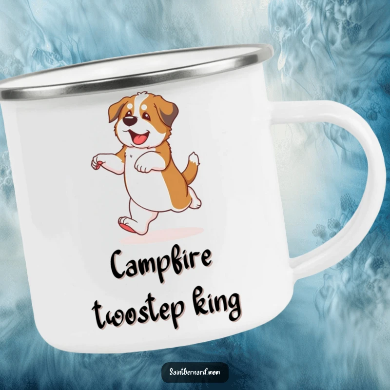 Funny Saint Bernard puppy camping mug showing a dog dancing with clumsy, happy steps, perfect for warm drinks.