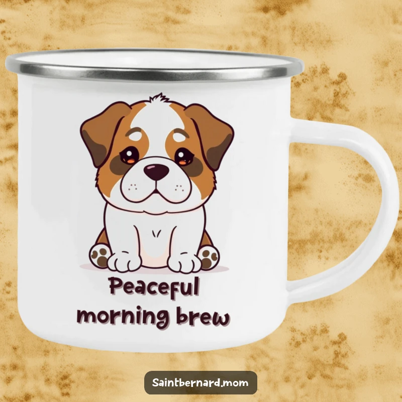 Funny Saint Bernard dog camping mug with a calm, reassuring presence, a humorous and peaceful outdoor accessory.