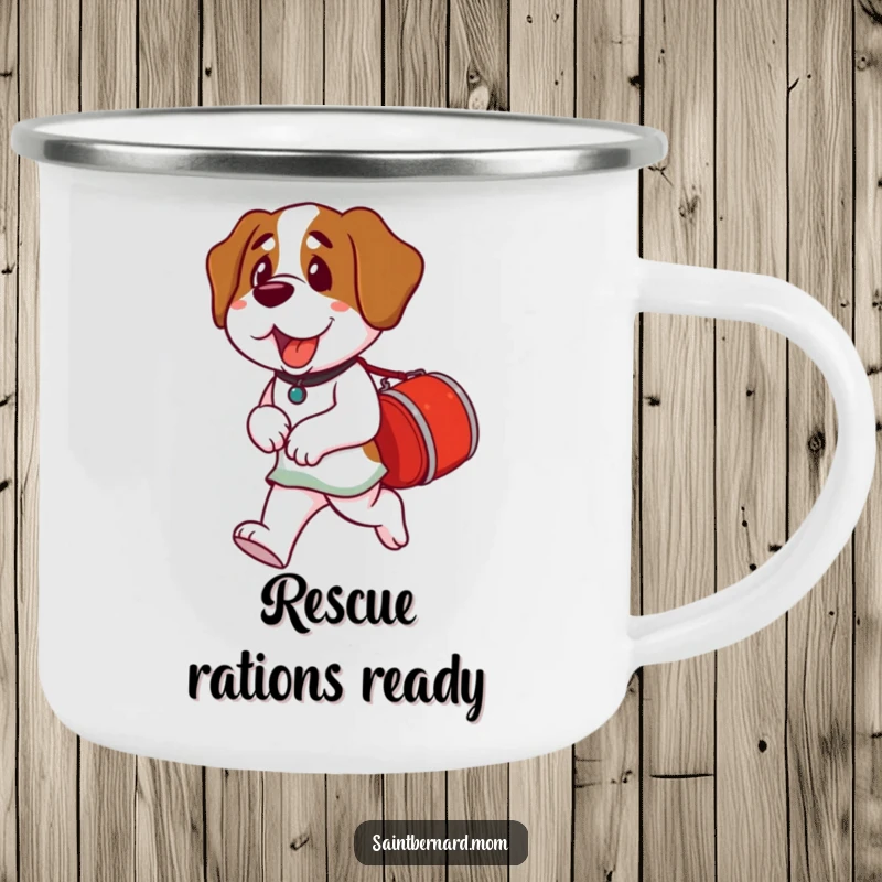 Funny Saint Bernard Lady Camping Mug featuring a dog carrying a small red barrel, ideal for outdoor refreshment and companionship.