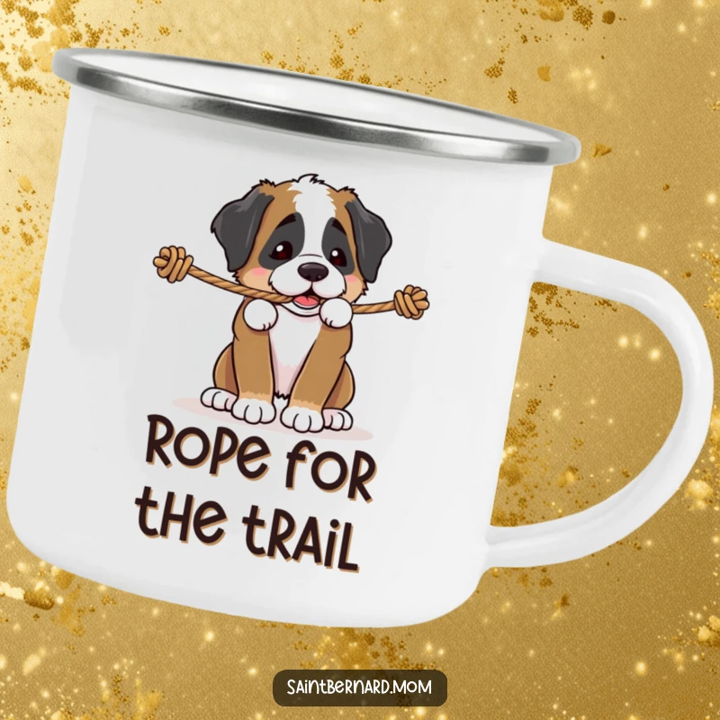 Funny Saint Bernard puppy camping mug, a dog playfully tugging on a sturdy rope, perfect for outdoor adventures, durable and cheerful gift.
