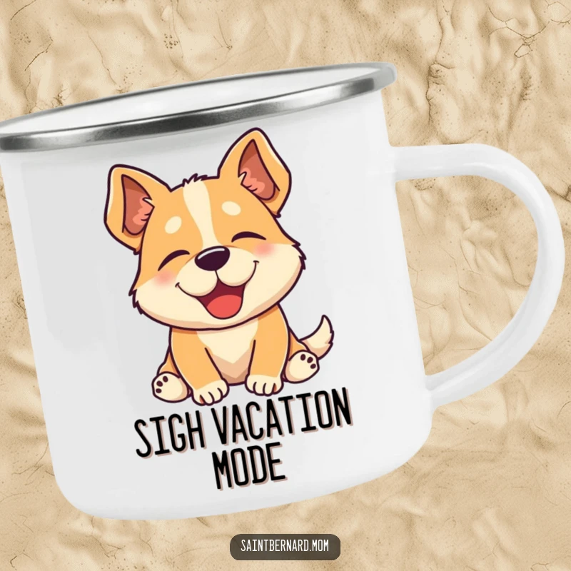 Funny camping mug featuring a dog sighing contentedly, symbolizing relaxation during outdoor adventures, a great gift.