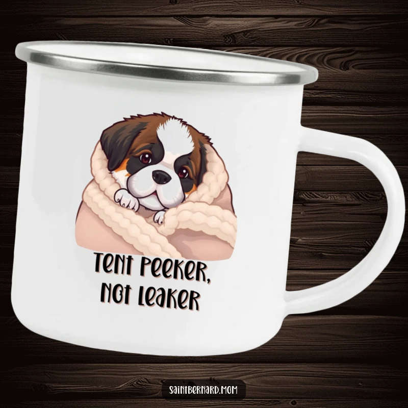 Funny Saint Bernard puppy camping mug showing a dog peeking from behind a cozy blanket, perfect for warm drinks.
