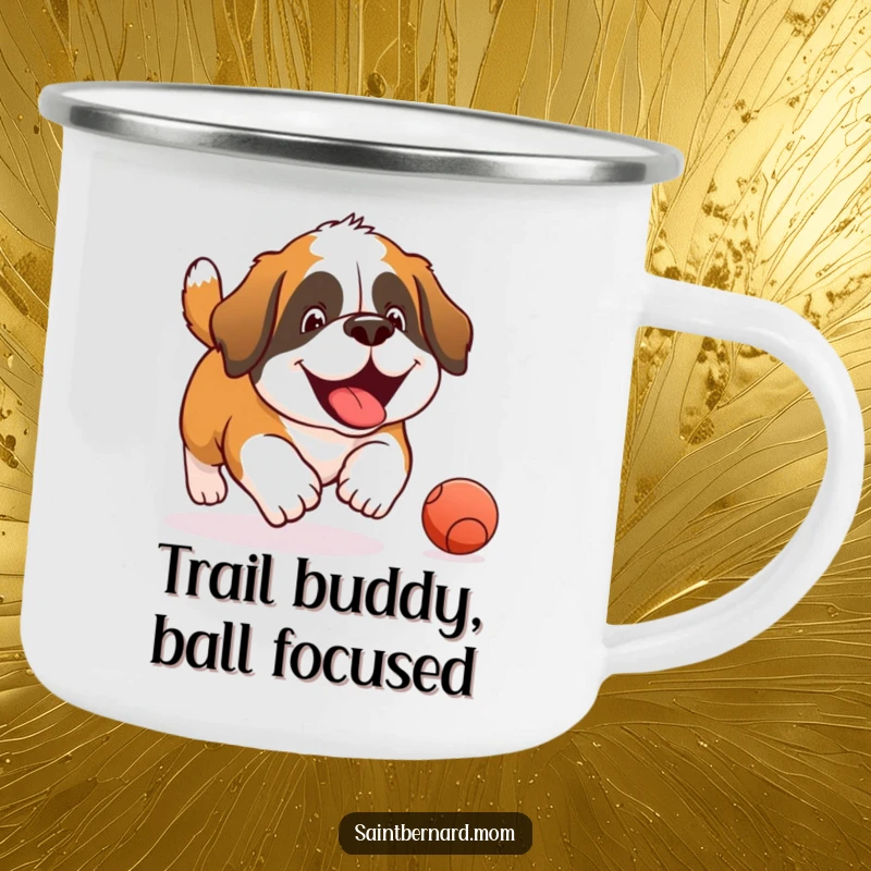 Funny Saint Bernard camping mug depicting a joyous dog eagerly chasing a rolling ball, built for outdoor fun and laughter.