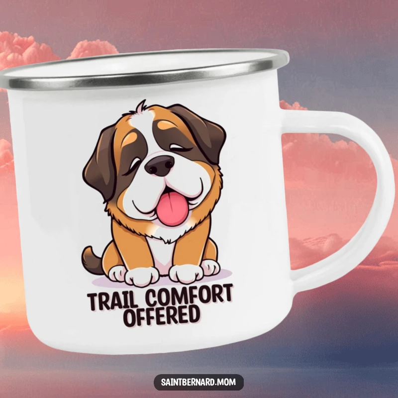 Funny Saint Bernard Lady Camping Mug featuring a dog offering a comforting lick, ideal for outdoor warmth and companionship.