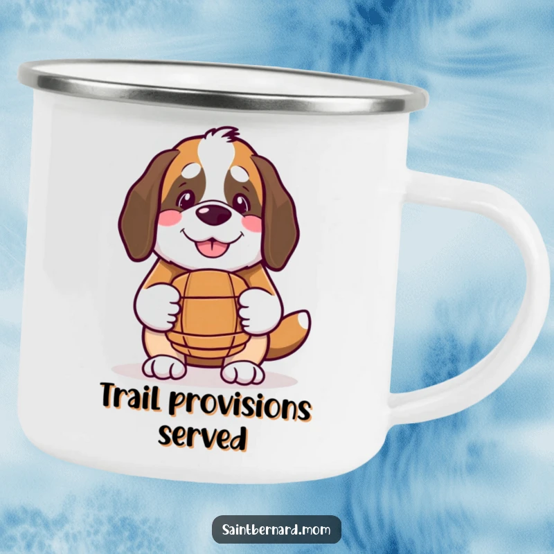 Funny Kawaii Saint Bernard camping mug, a smiling dog with a small barrel, perfect for outdoor enthusiasts and dog lovers.
