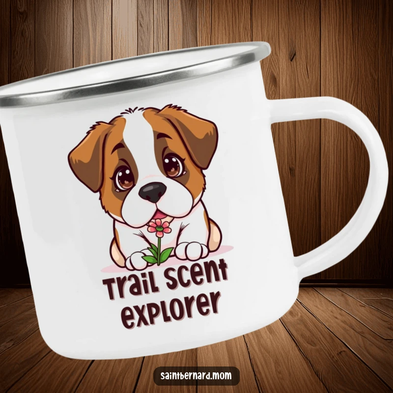 Funny Kawaii Saint Bernard camping mug, a curious dog sniffing a small flower, perfect for outdoor enthusiasts and nature lovers.