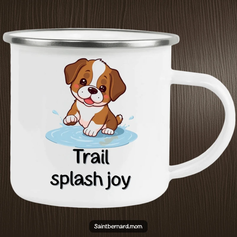 Funny Kawaii Saint Bernard camping mug featuring a cute dog playfully splashing in a small puddle, perfect for drinks in the great outdoors.