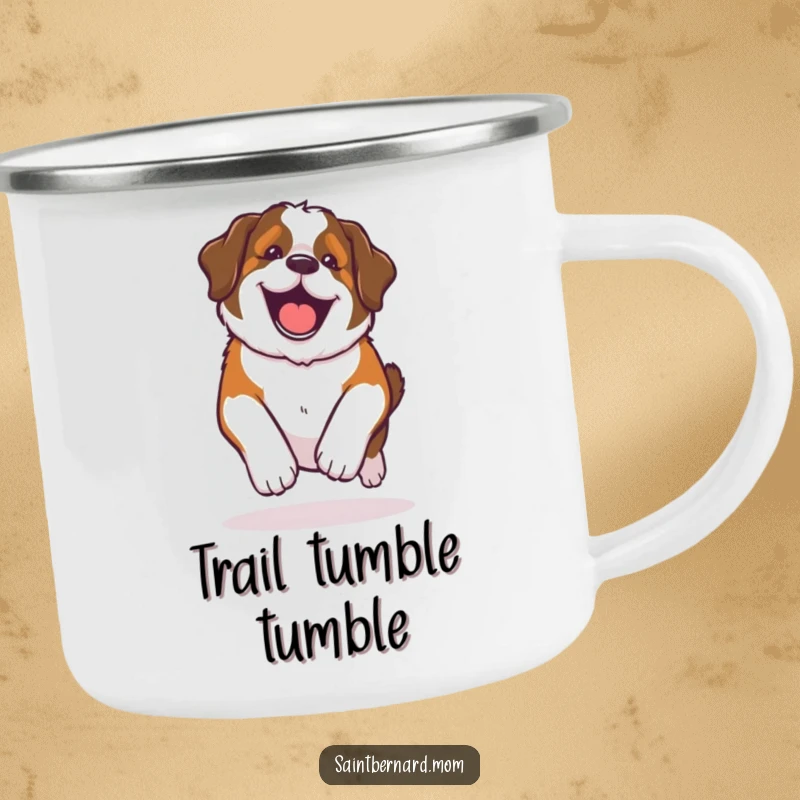 Funny Kawaii Saint Bernard camping mug, a dog doing a happy roll with pure glee, perfect for outdoor enthusiasts.