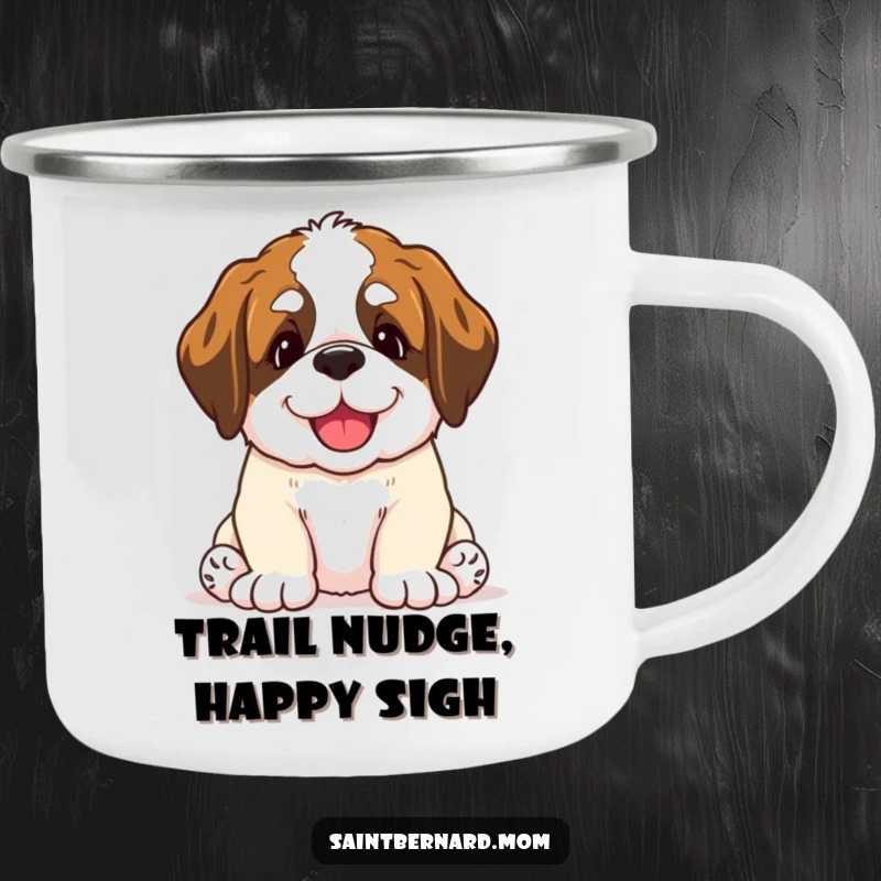 Funny Saint Bernard puppy camping mug showing a dog giving a happy, gentle nudge, perfect for warm drinks.