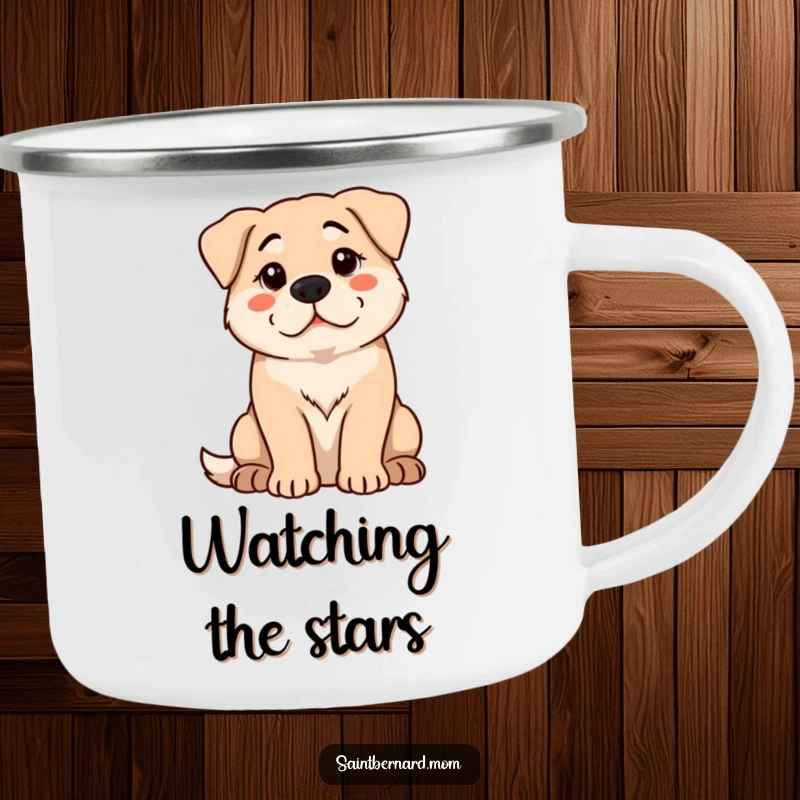 Funny Camping Mug: A large dog sits with a calm, protective demeanor, watching intently, perfect for outdoor vigilance.