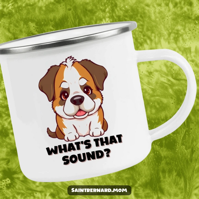 Funny Saint Bernard camping mug featuring a dog's iconic goofy head tilt and a warm, inviting gaze, perfect for adventures.