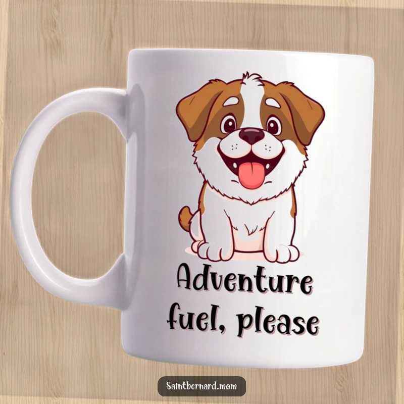 Funny Saint Bernard mug featuring a happy, panting dog eager for adventure, showcasing its playful and energetic personality.