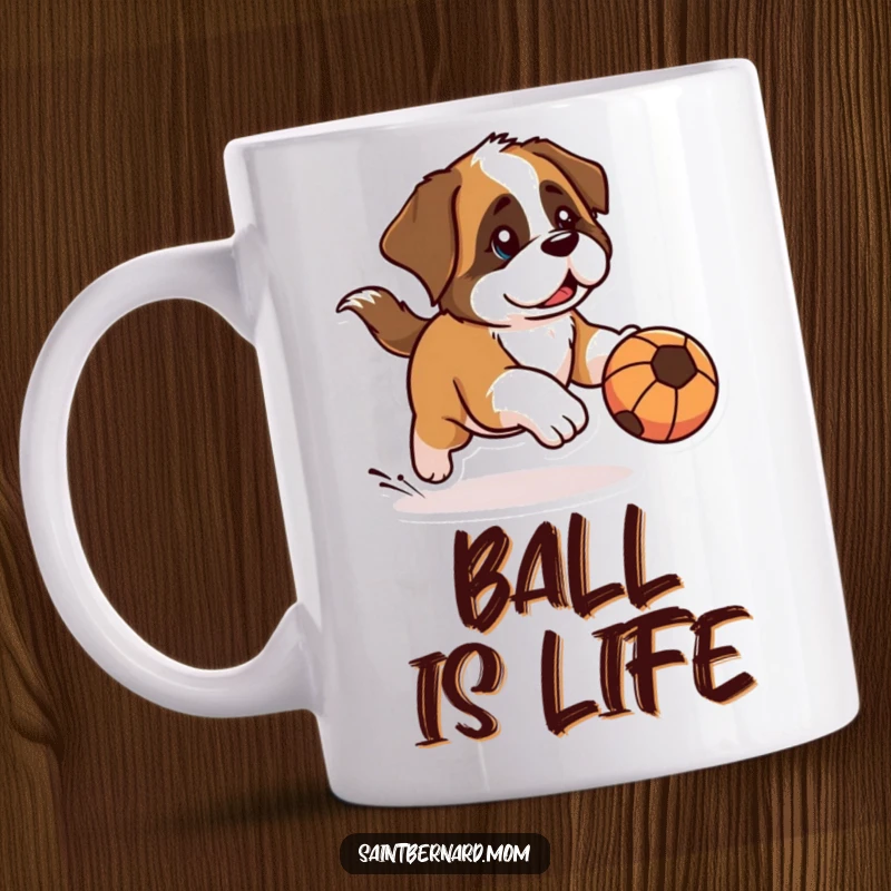 Funny Kawaii Saint Bernard mug showing a dog with a determined look, actively chasing a rolling ball, conveying playful focus and humorous energy.