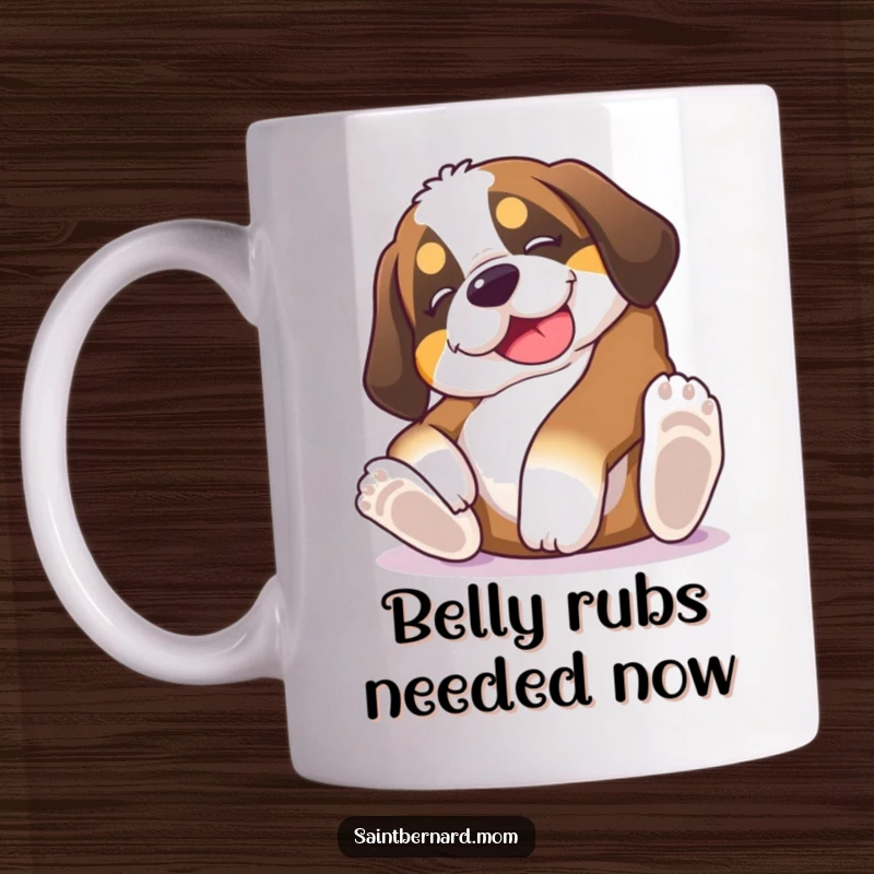 Funny Saint Bernard puppy mug, a dog hilariously rolling on its back, begging for belly rubs with pure delight, perfect for a gift.