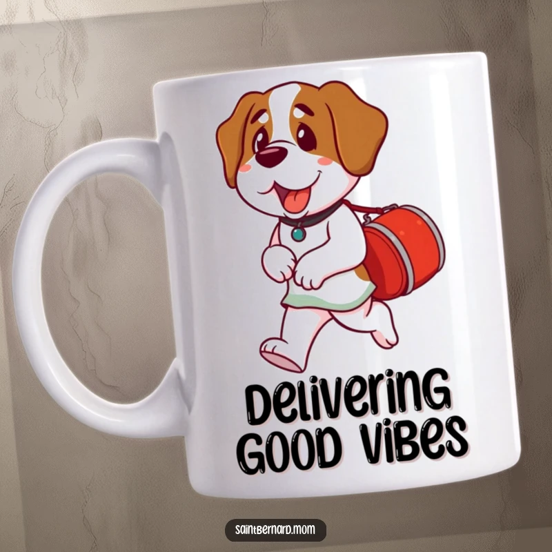 Funny Saint Bernard Lady Mug featuring a dog carrying a small red barrel, symbolizing helpfulness and a charming, ready-to-serve attitude.