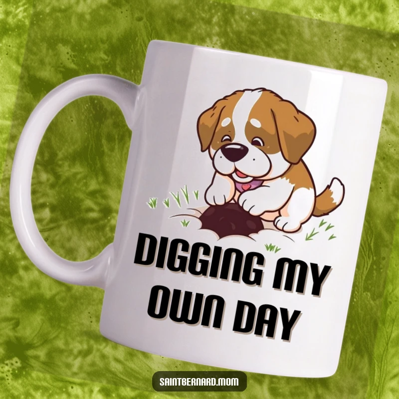 Funny Saint Bernard Lady Mug, happily digging a small hole with a joyful expression, capturing a dog's playful spirit.