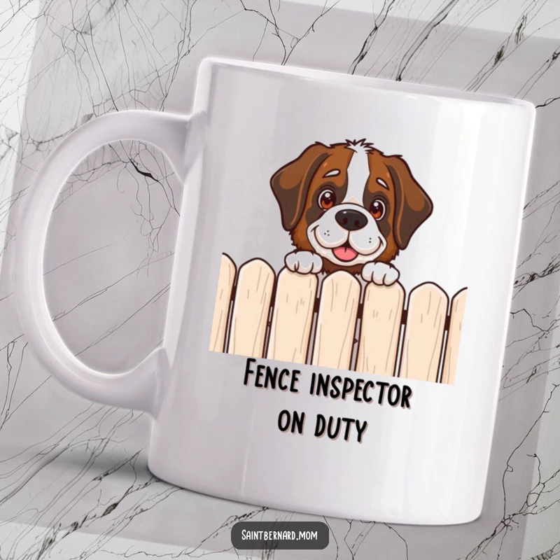 Funny Saint Bernard mug showing a giant dog peeking over a fence with a friendly, curious expression, embodying gentle giant nature.