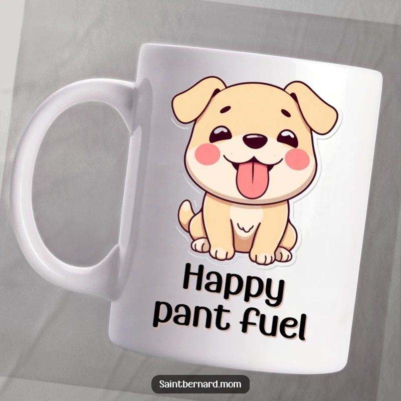 Funny mug depicting a large, exceptionally gentle dog character, joyfully panting with its tongue lolling out, radiating happiness.