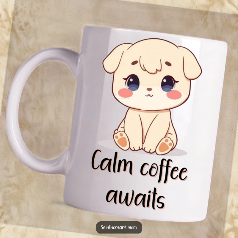 Funny mug depicting a character sitting peacefully with a sweet, calm demeanor, radiating a sense of patience and gentle serenity.