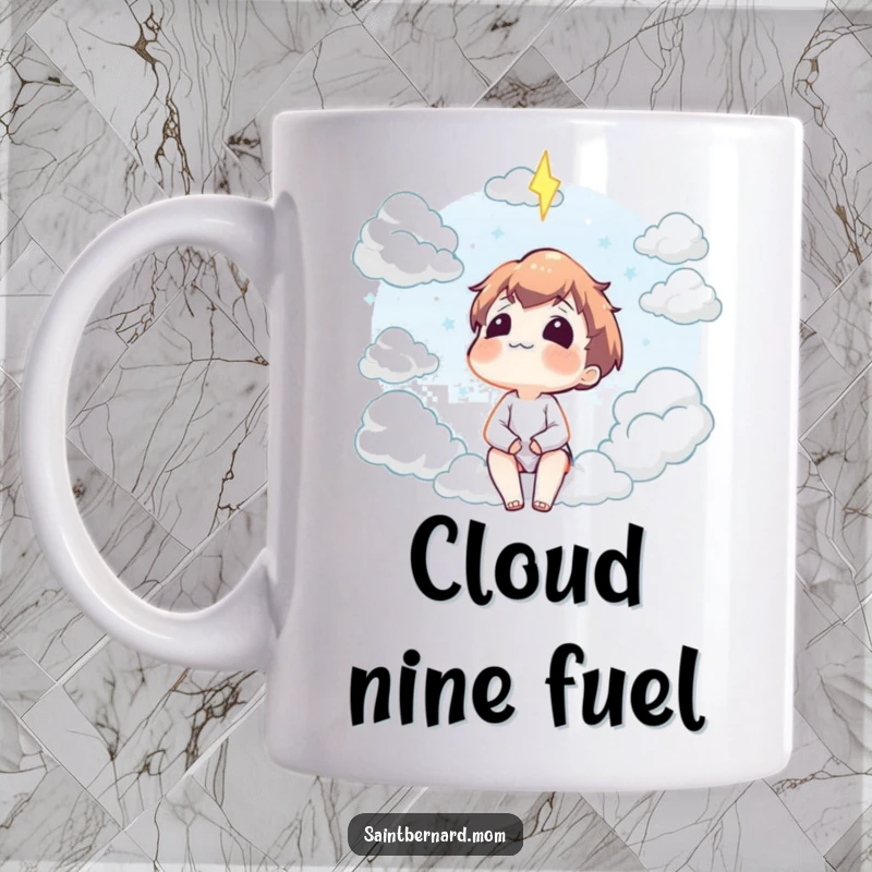 Funny mug showing a character gazing upwards with pure contentment at soft, fluffy clouds, embodying peace and happy daydreams.