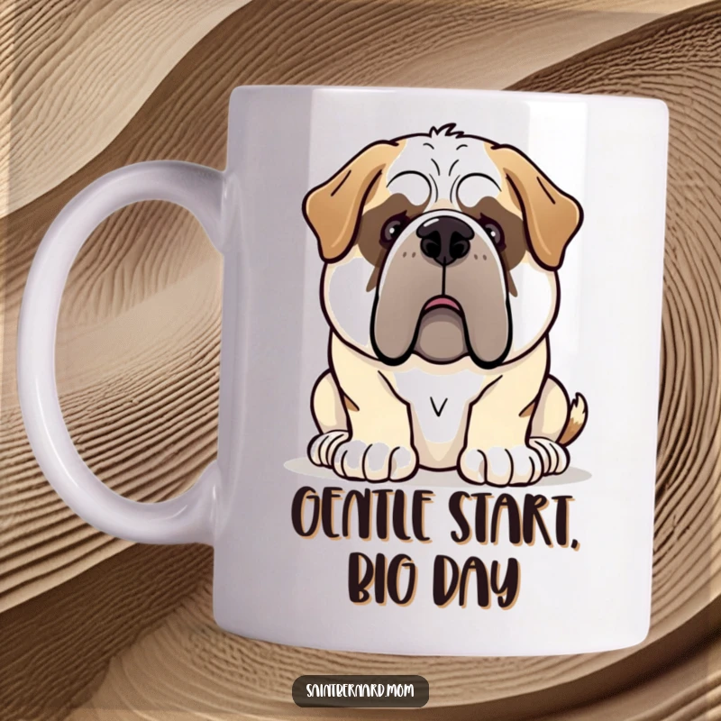 Funny Saint Bernard dog mug depicting a gentle giant demeanor, a heartwarming and humorous gift for dog lovers.