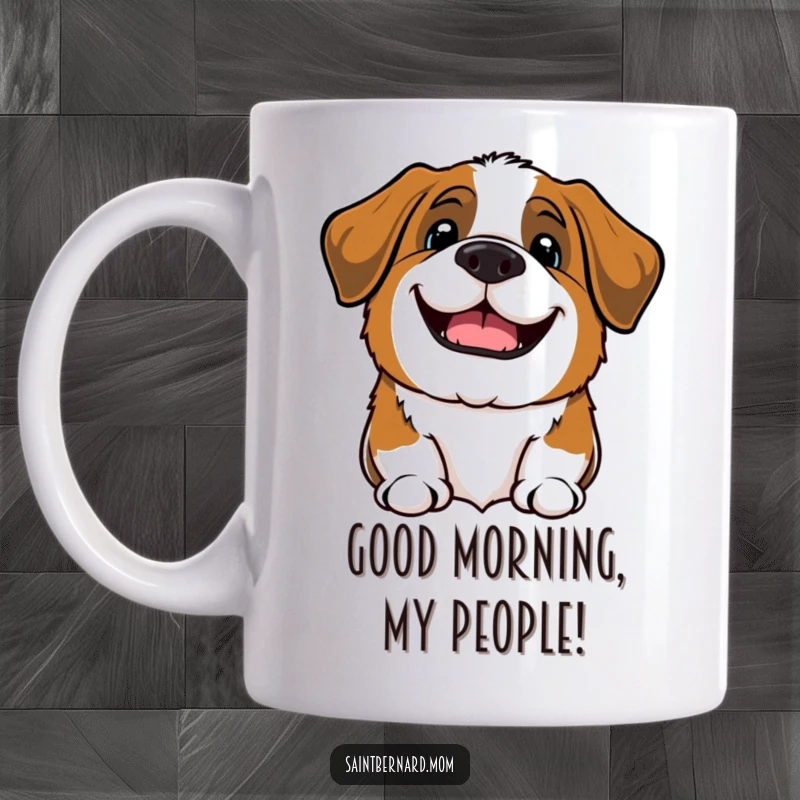 Funny Kawaii Saint Bernard dog mug, big happy bark with a wide grin, friendly and welcoming canine art.