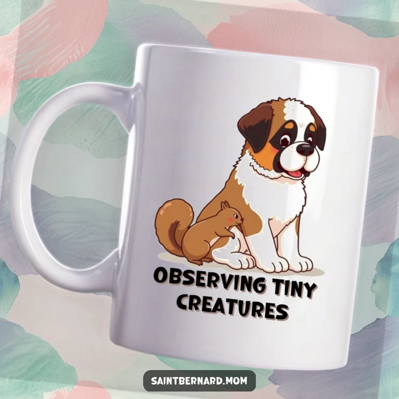 Funny Kawaii Saint Bernard dog mug, patient pup sitting and watching a playful squirrel with curiosity.