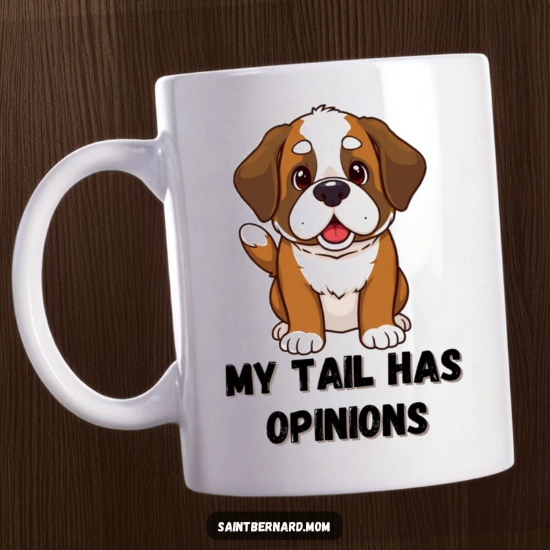 Funny Kawaii Saint Bernard mug featuring a cute dog invitingly wagging its thick tail, radiating happiness and warmth for dog enthusiasts.