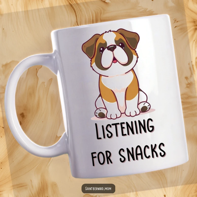 Funny Kawaii Saint Bernard mug showing a large dog sitting attentively with perked ears, conveying loyalty and humorous attentiveness, perfect for dog fans.