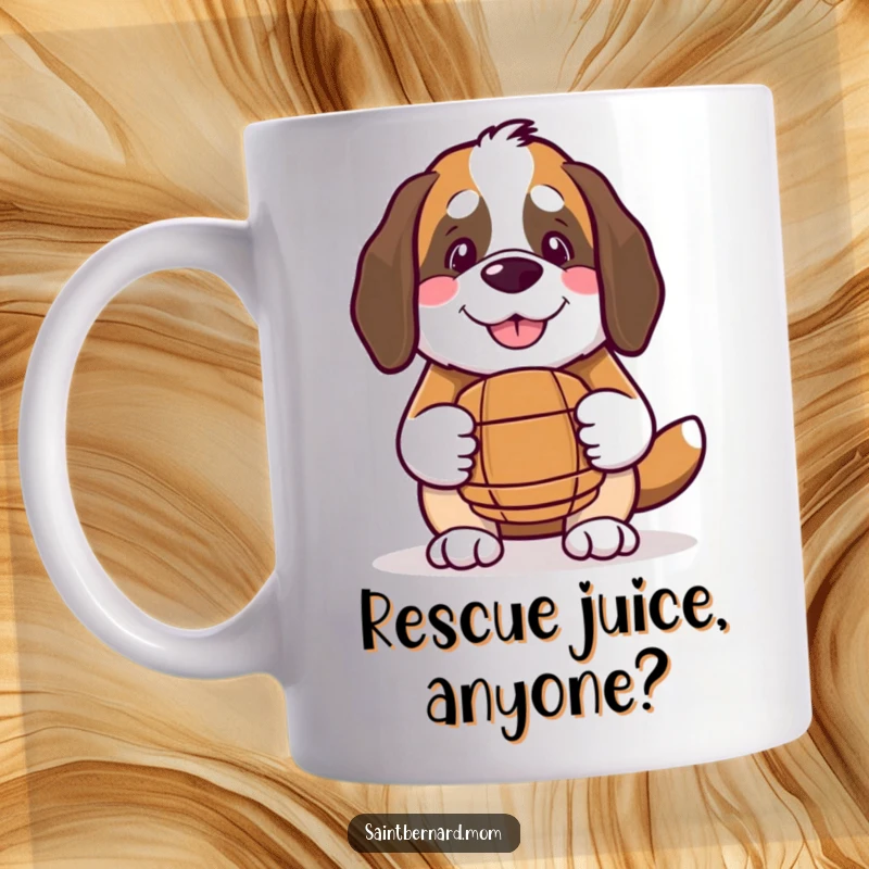 Funny Kawaii Saint Bernard mug, smiling kindly while holding a tiny barrel, representing gentle companionship and warmth.