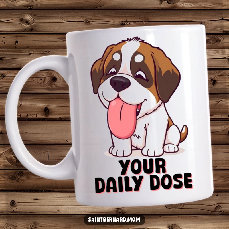 Funny Kawaii Saint Bernard mug depicting a large dog giving a giant, slobbery, happy lick, conveying enthusiastic affection and humorous joy.