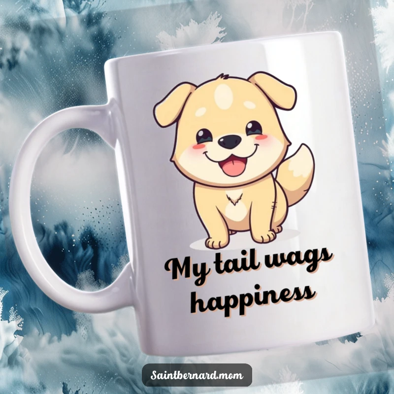 Funny Mug: Massive happy dog with a friendly expression and a furiously wagging tail, spreading pure canine delight.