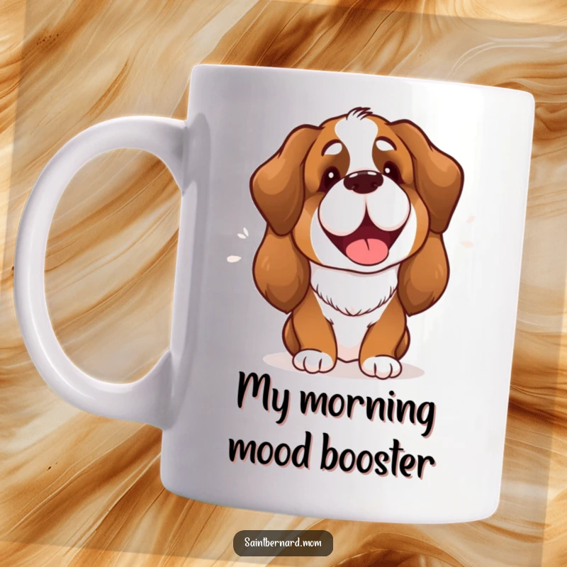Funny Saint Bernard Lady Mug showing a cheerful dog with an open mouth in a happy bark, radiating pure joy and playfulness.