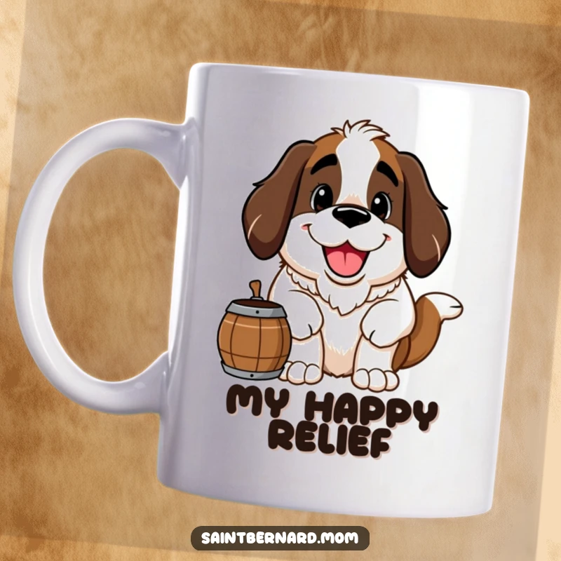 Funny Saint Bernard mug showing a large, happy Saint Bernard dog with a friendly grin and a barrel around its neck, exuding warmth.