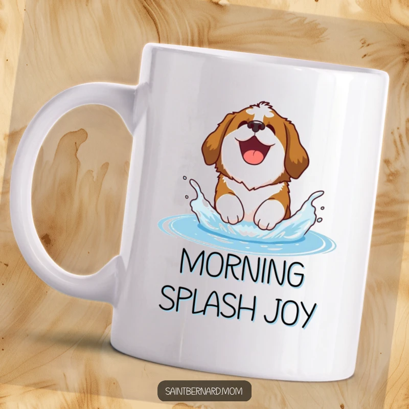 Funny Saint Bernard mug showing a happy Saint Bernard dog joyfully barking and splashing playfully in water, conveying pure fun.