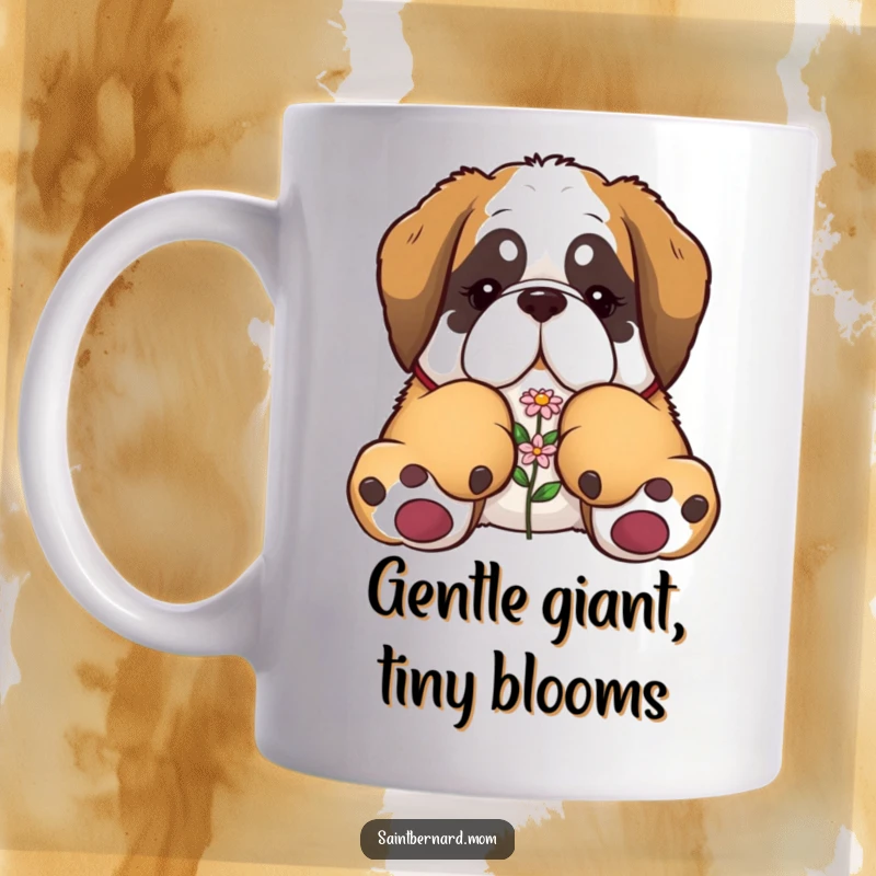 Funny Saint Bernard mug with huge paws carefully holding a single small flower, conveying sweetness and gentle care.