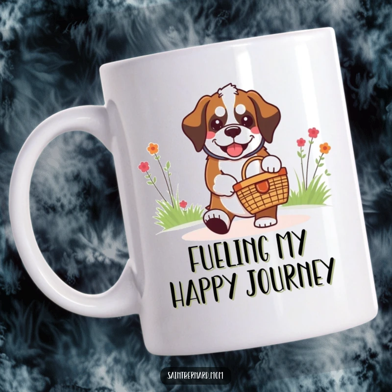Funny kawaii Saint Bernard dog with a big grin, happily carrying a miniature picnic basket, looking ready for an adventure.