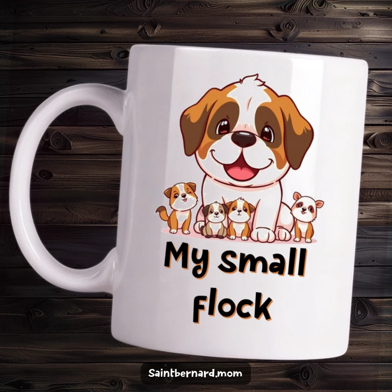 Funny Saint Bernard dog character joyfully and protectively watching over smaller animals on a mug.