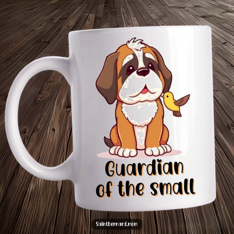 Funny Saint Bernard mug depicting a large dog in a protective stance, gazing fondly at a small bird nearby.