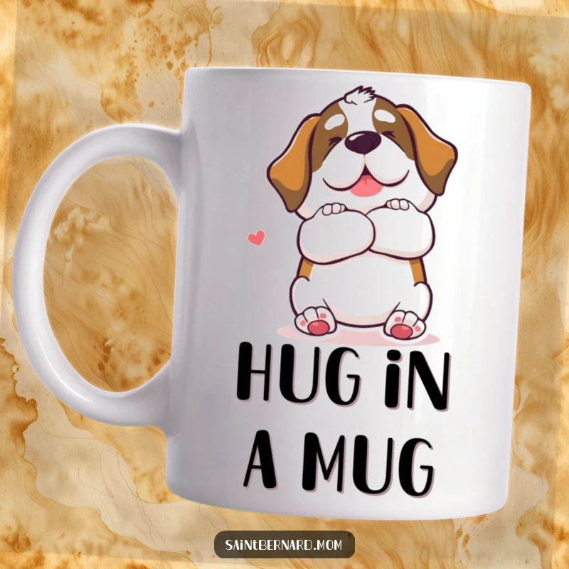 Funny Saint Bernard dog mug offering a giant, loving hug gesture, a warm and humorous gift for dog lovers.