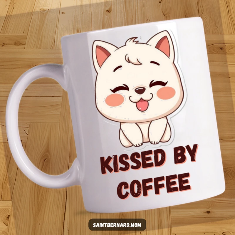 Funny mug showing a character with a huge, happy grin, leaning in to give a big, slobbery kiss, radiating pure joy and affection.