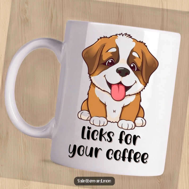 Funny Saint Bernard puppy mug, a smiling dog offering a big lick, conveying pure joy and affection, perfect for a heartwarming gift.