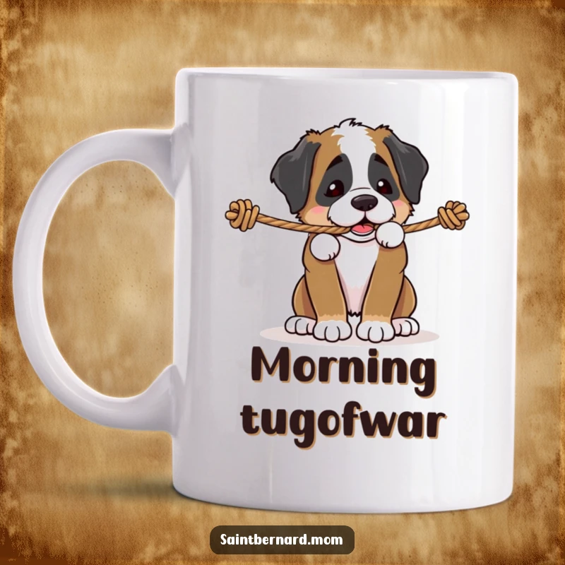 Funny Saint Bernard puppy mug, a dog playfully tugging on a sturdy rope, showing determination and playful energy, perfect for a gift.
