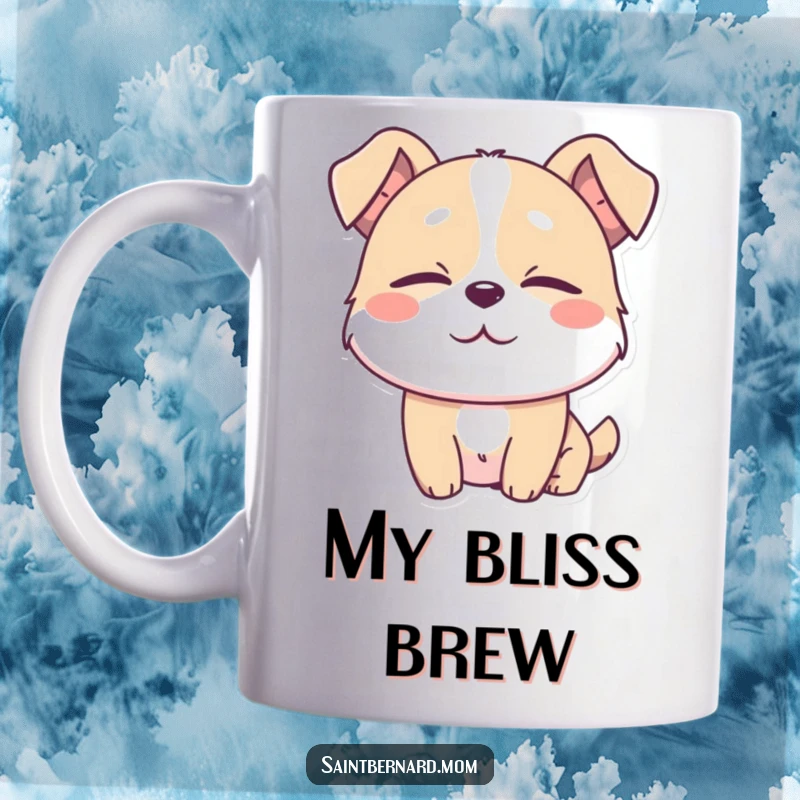 Funny mug showing a dog character with a look of absolute contentment, eyes softly half-closed, radiating peace and pure relaxation.