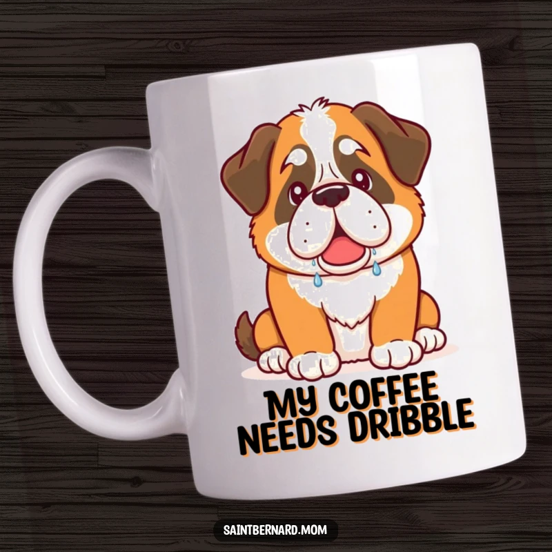 Funny Saint Bernard dog mug with warm, friendly drool mid-drip, a perfect gift for dog lovers.