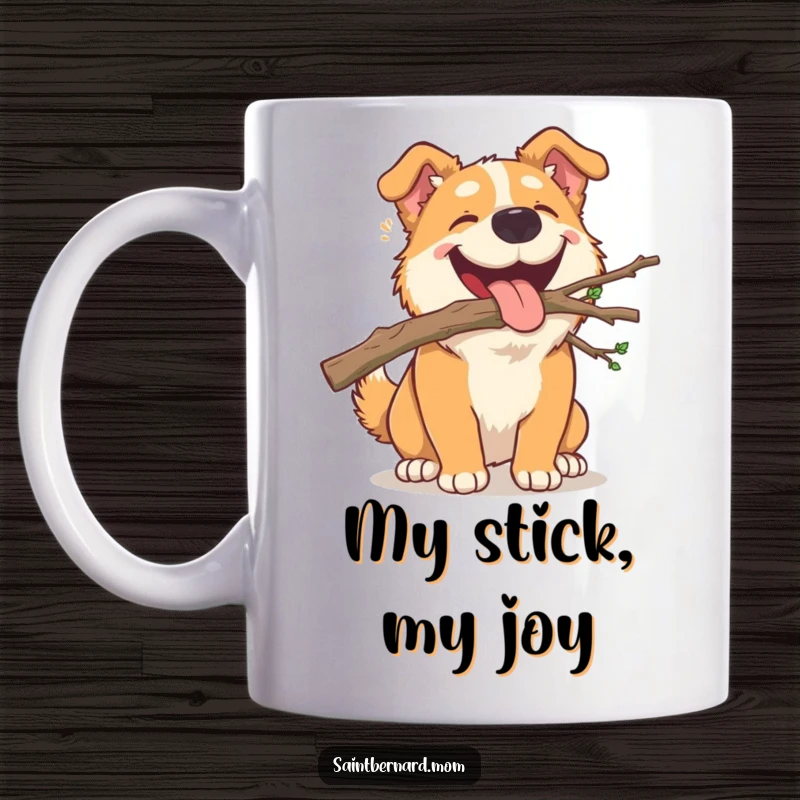 Funny Mug: A large dog joyfully carrying a small, fallen branch in its mouth with a happy, proud expression.