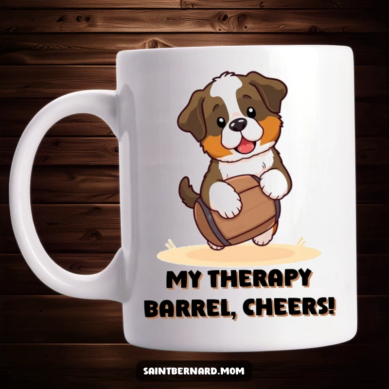 Funny Saint Bernard puppy mug, a kawaii dog heroically carrying a small barrel with a playful, determined expression, perfect for gift.